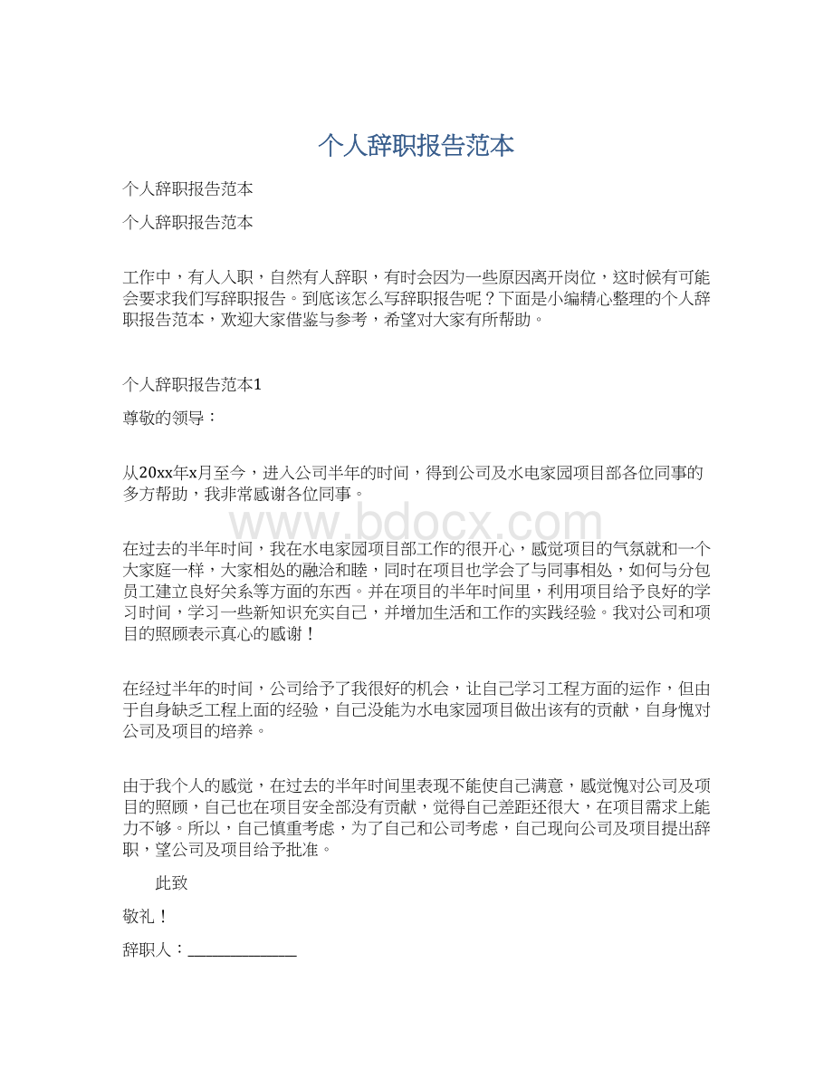 个人辞职报告范本Word格式.docx