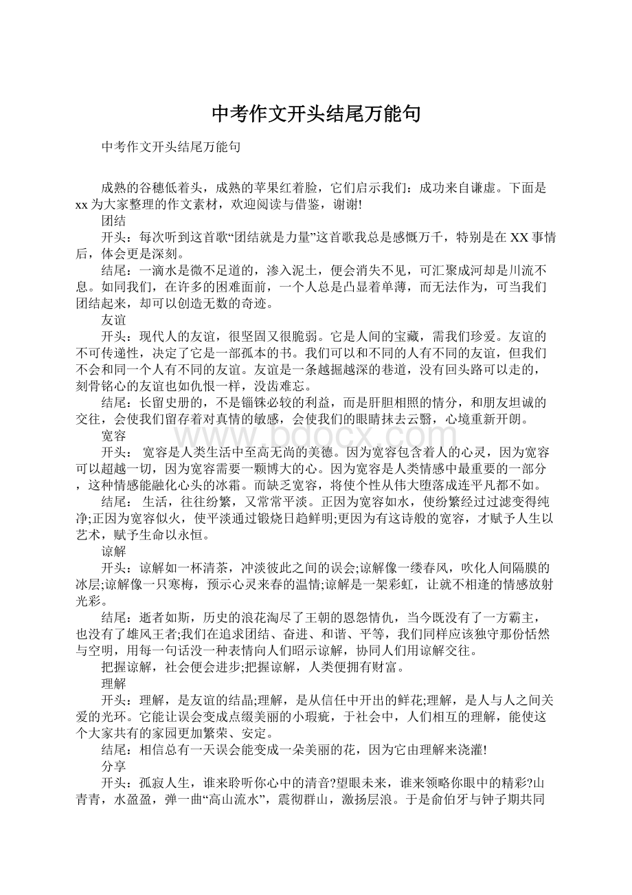 中考作文开头结尾万能句Word文档格式.docx_第1页