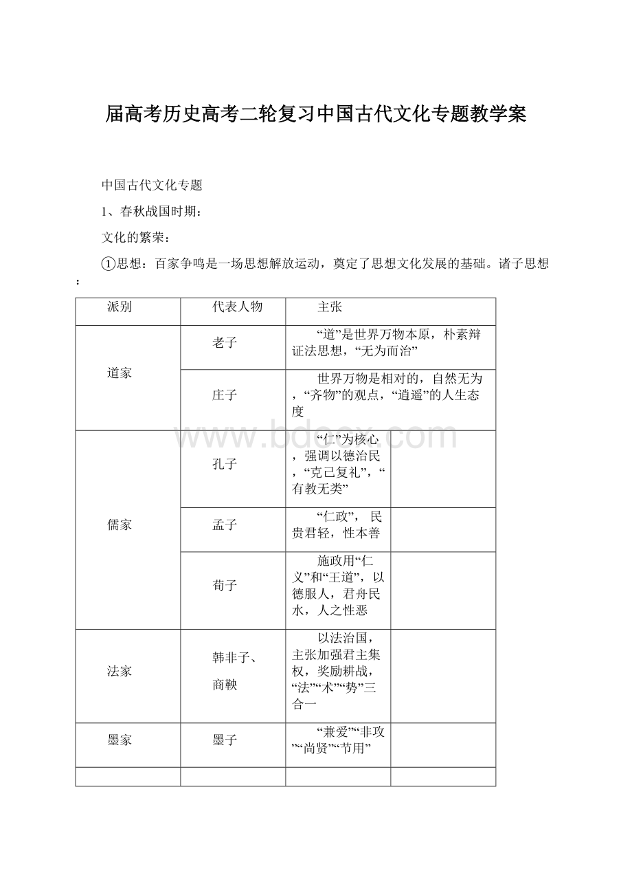 届高考历史高考二轮复习中国古代文化专题教学案Word文档格式.docx_第1页