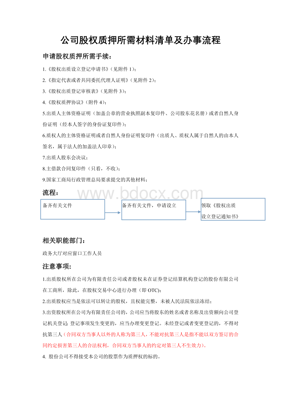 公司股权质押所需材料表格清单及办事流程(完整版).doc