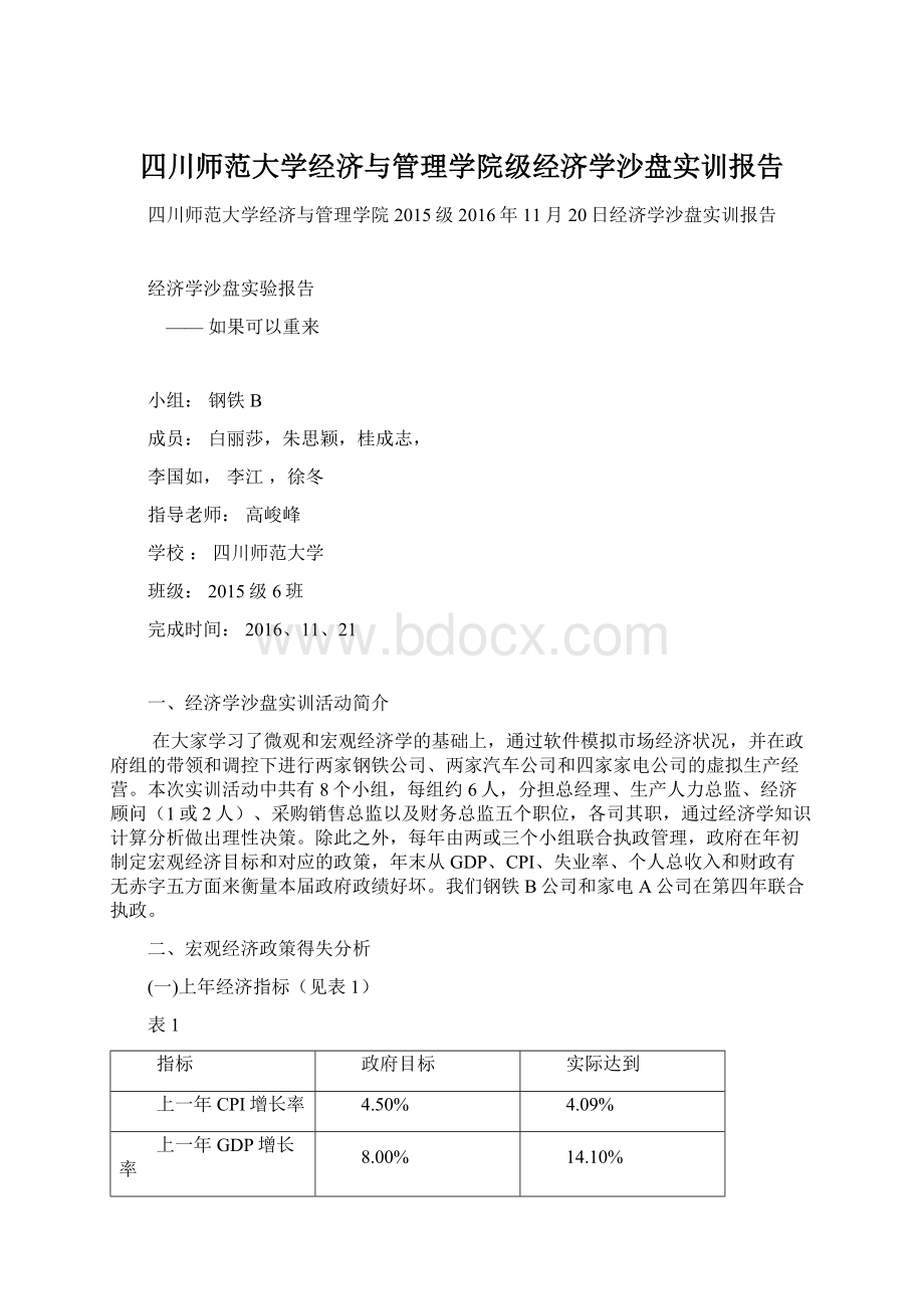 四川师范大学经济与管理学院级经济学沙盘实训报告Word格式文档下载.docx