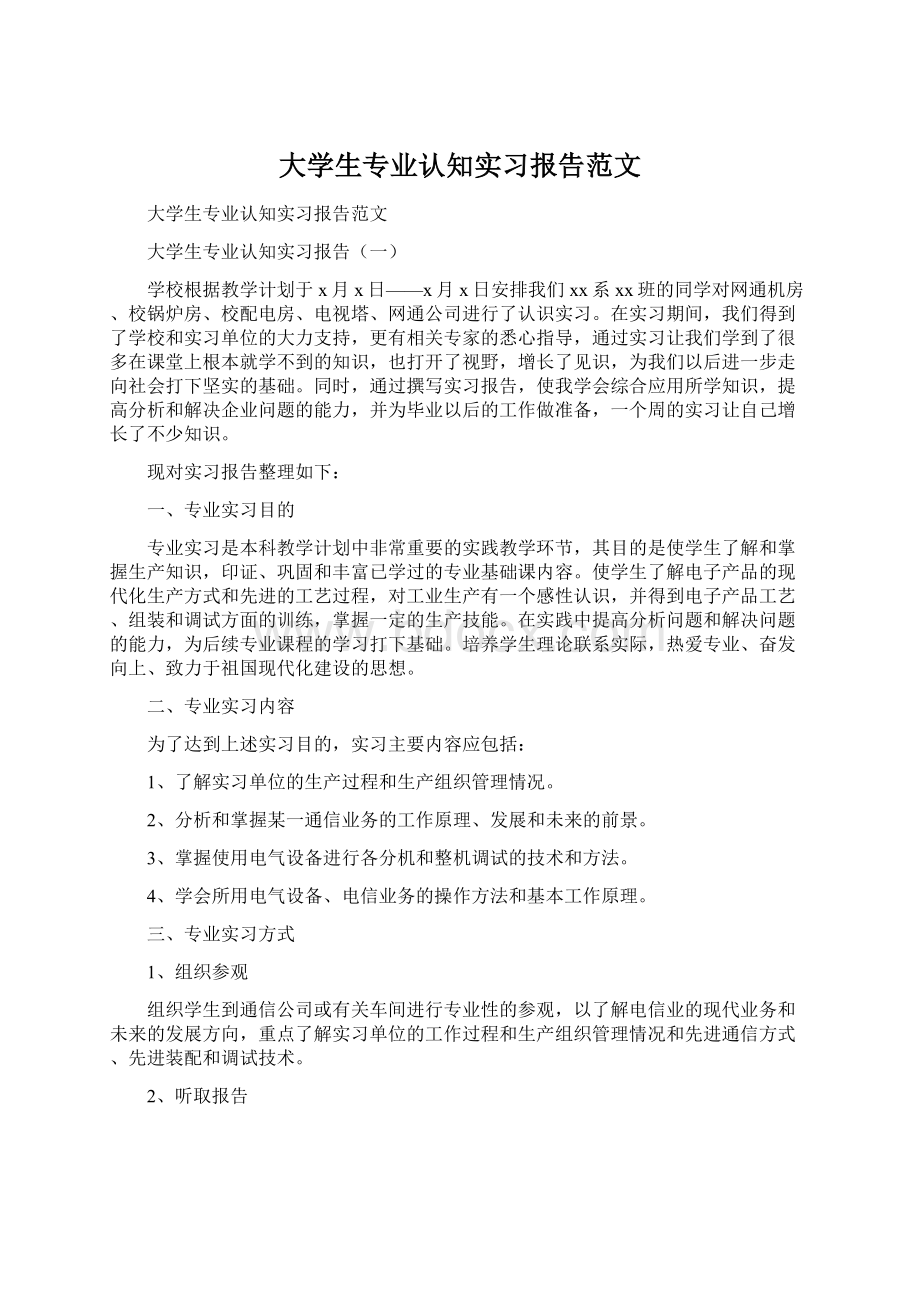 大学生专业认知实习报告范文Word格式.docx