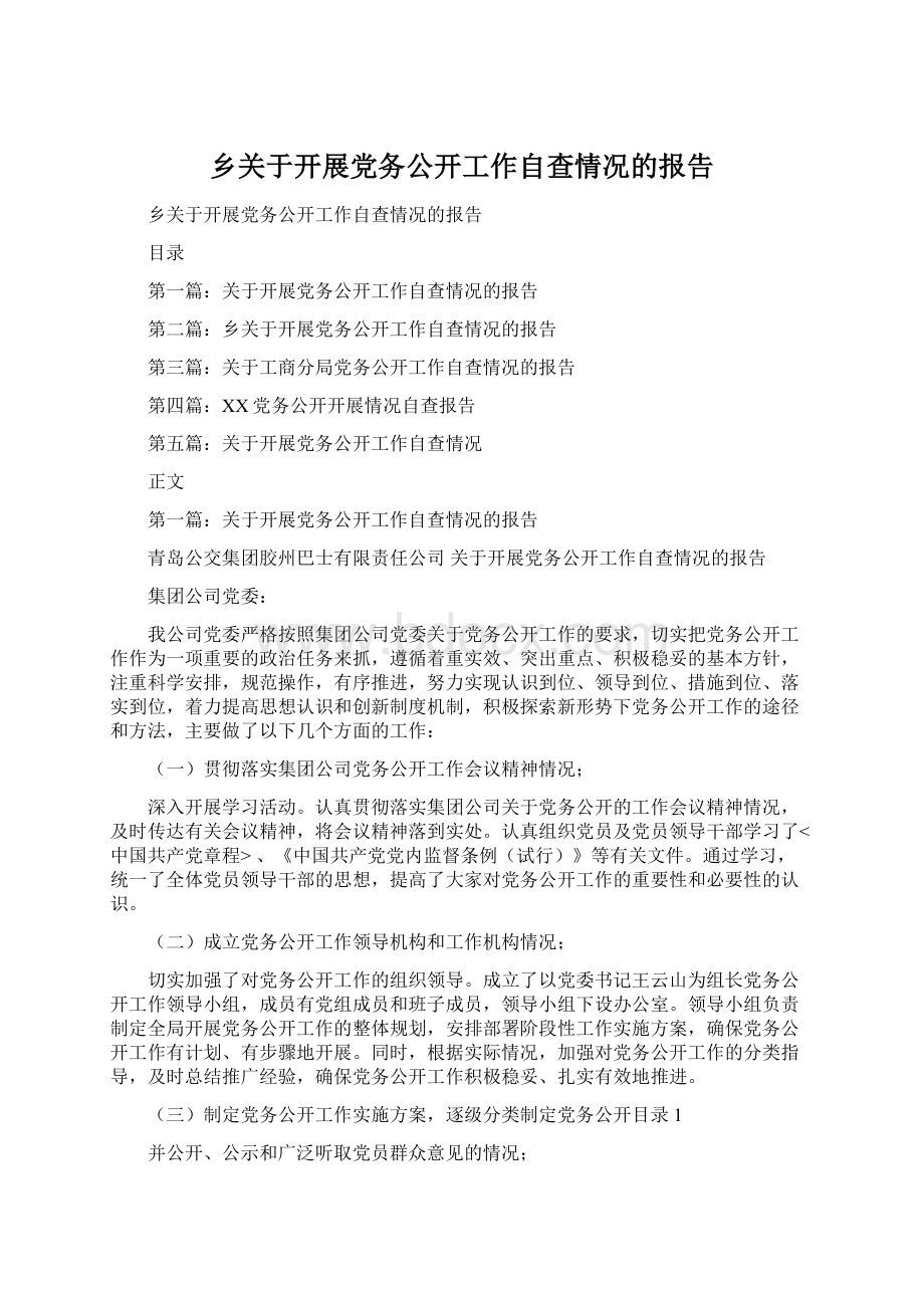 乡关于开展党务公开工作自查情况的报告Word格式.docx_第1页