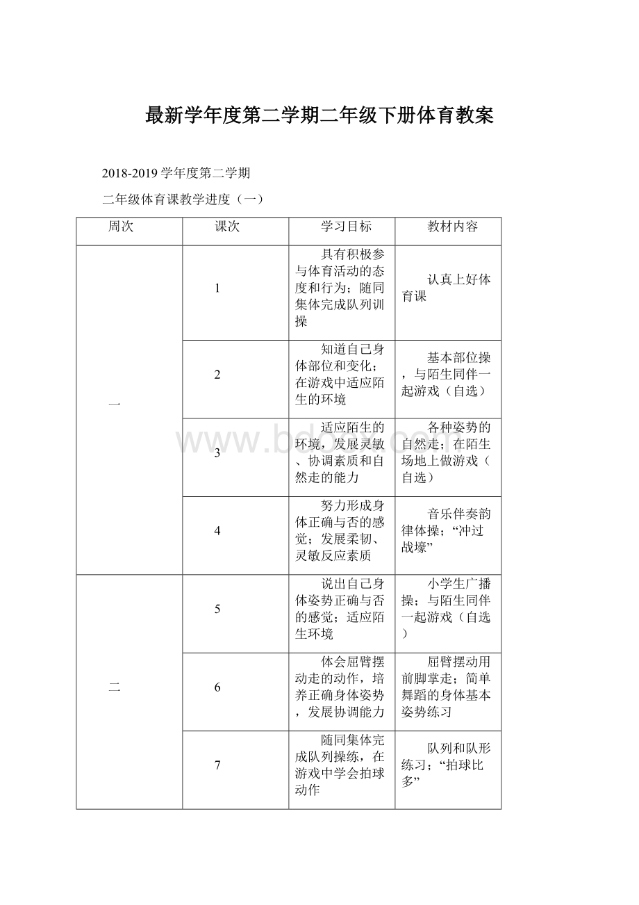 最新学年度第二学期二年级下册体育教案Word文件下载.docx_第1页