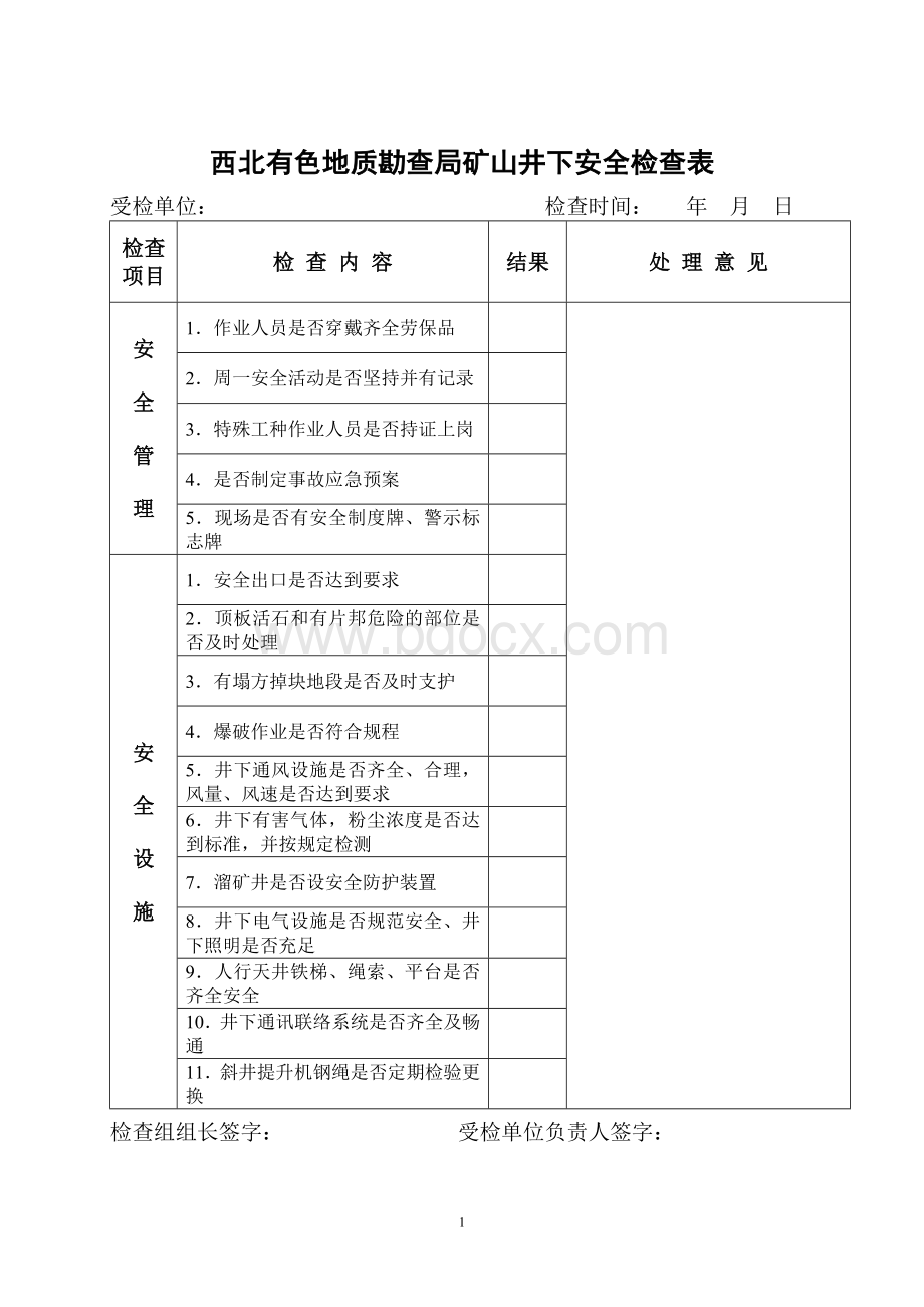 03-矿山井下安全检查表-模板Word文件下载.doc_第1页