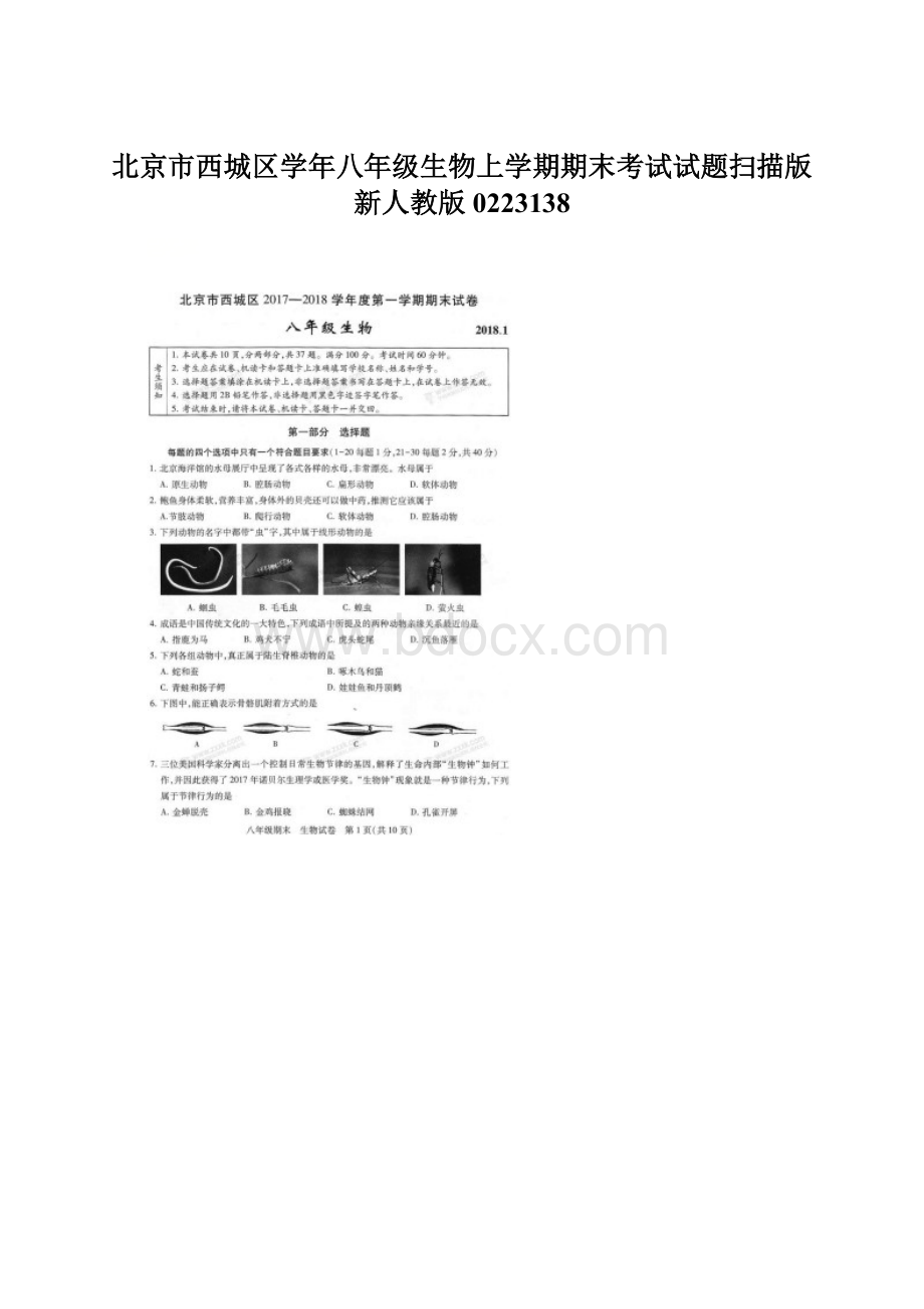 北京市西城区学年八年级生物上学期期末考试试题扫描版新人教版0223138.docx_第1页