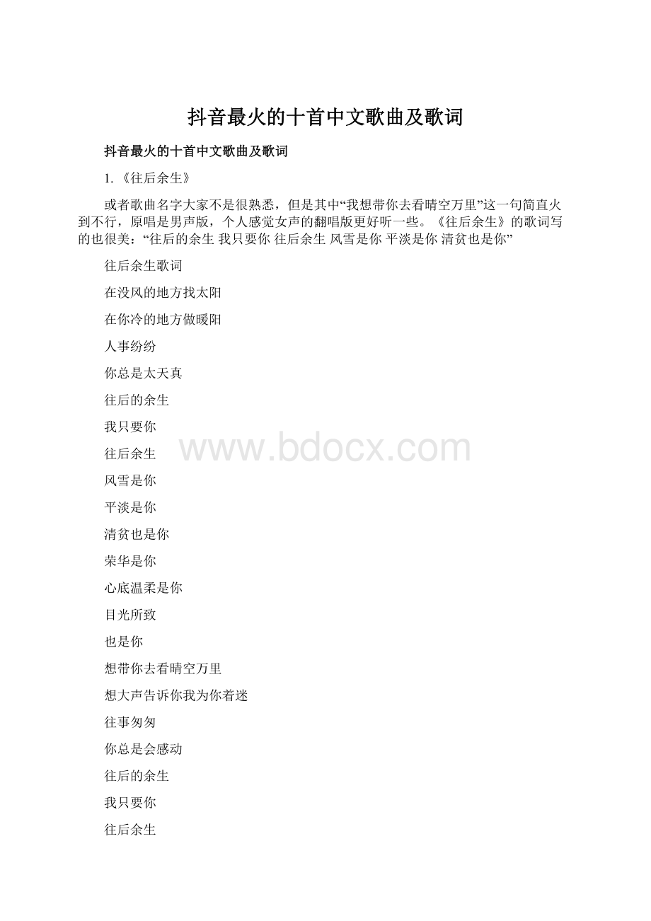 抖音最火的十首中文歌曲及歌词Word格式文档下载.docx_第1页