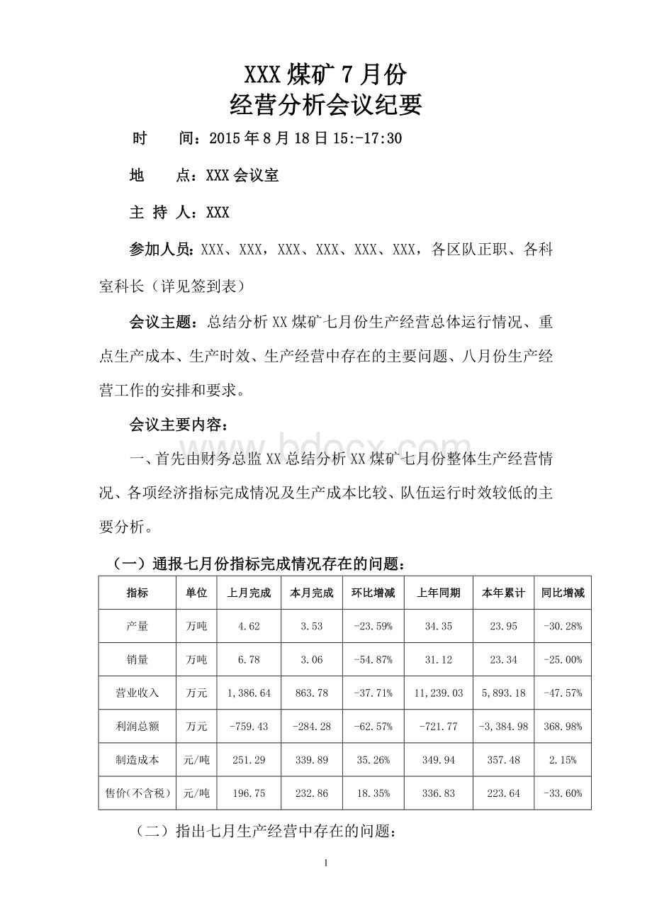 XX煤矿七月份生产经营分析会议纪要.doc