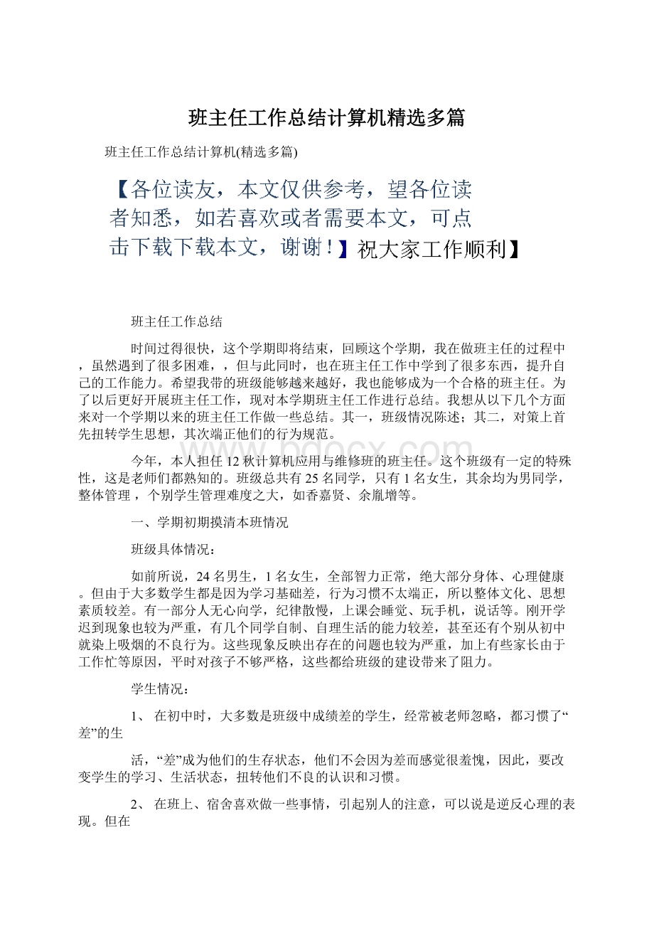 班主任工作总结计算机精选多篇.docx