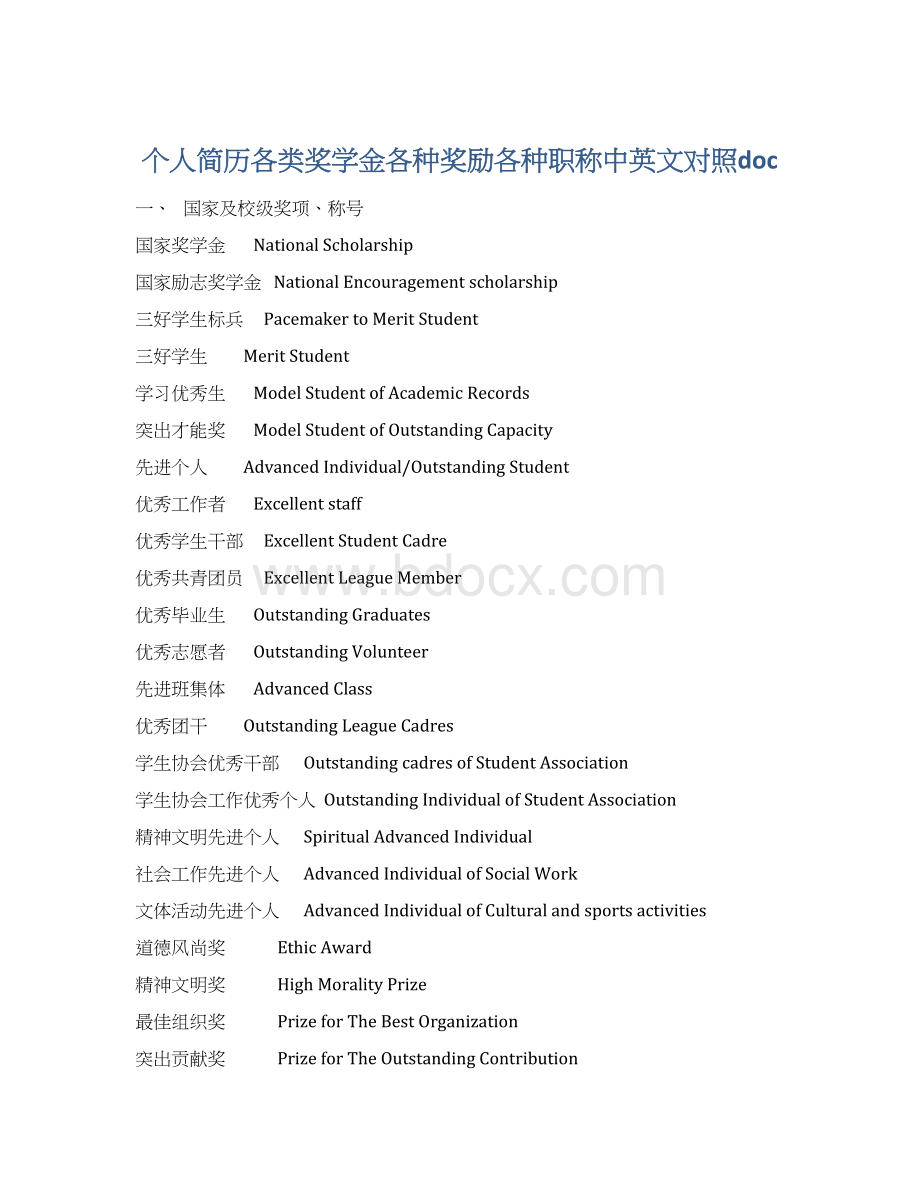 个人简历各类奖学金各种奖励各种职称中英文对照docWord格式文档下载.docx_第1页