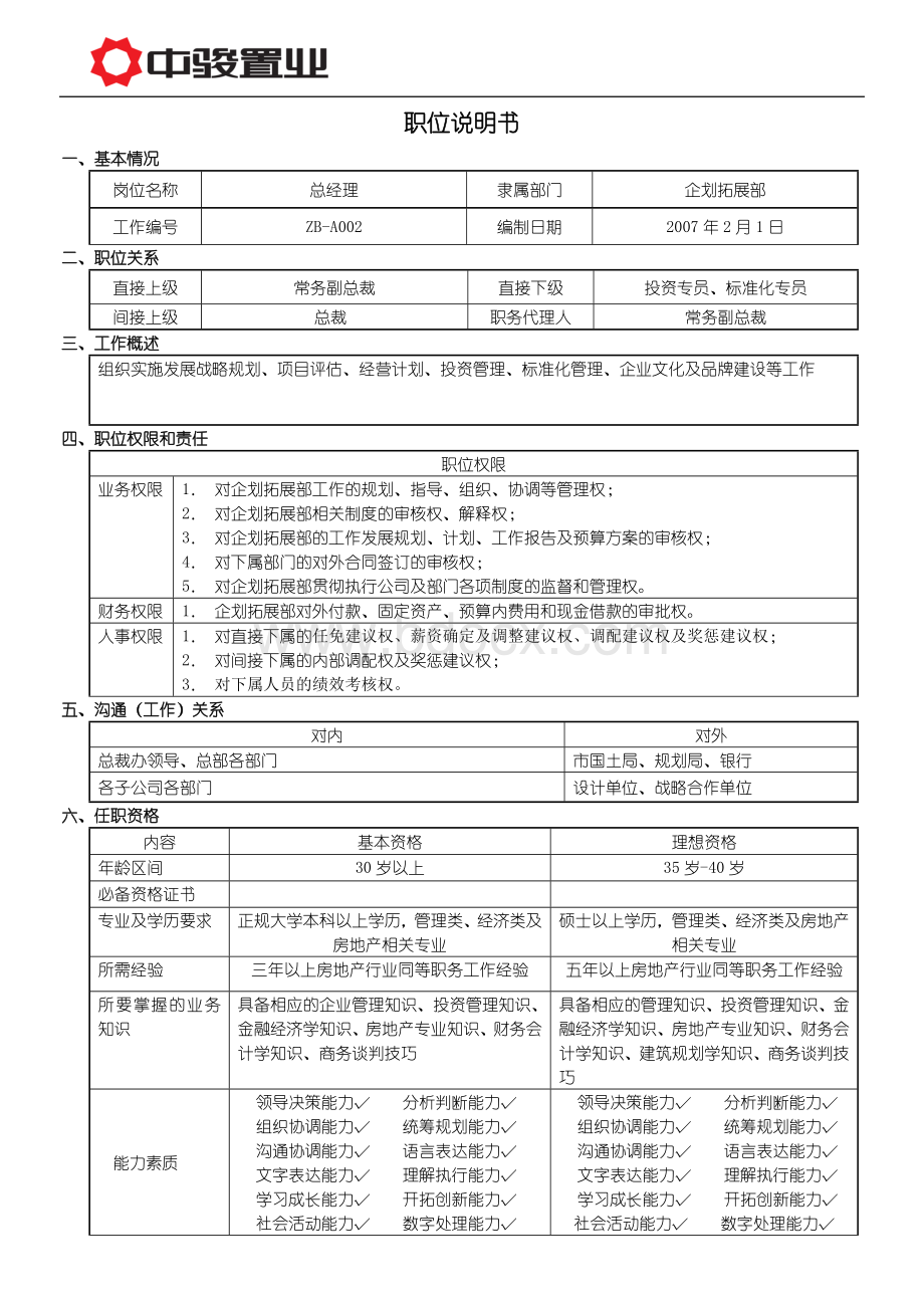 企划拓展部总经理职位说明书ZB-A002Word文件下载.doc_第1页