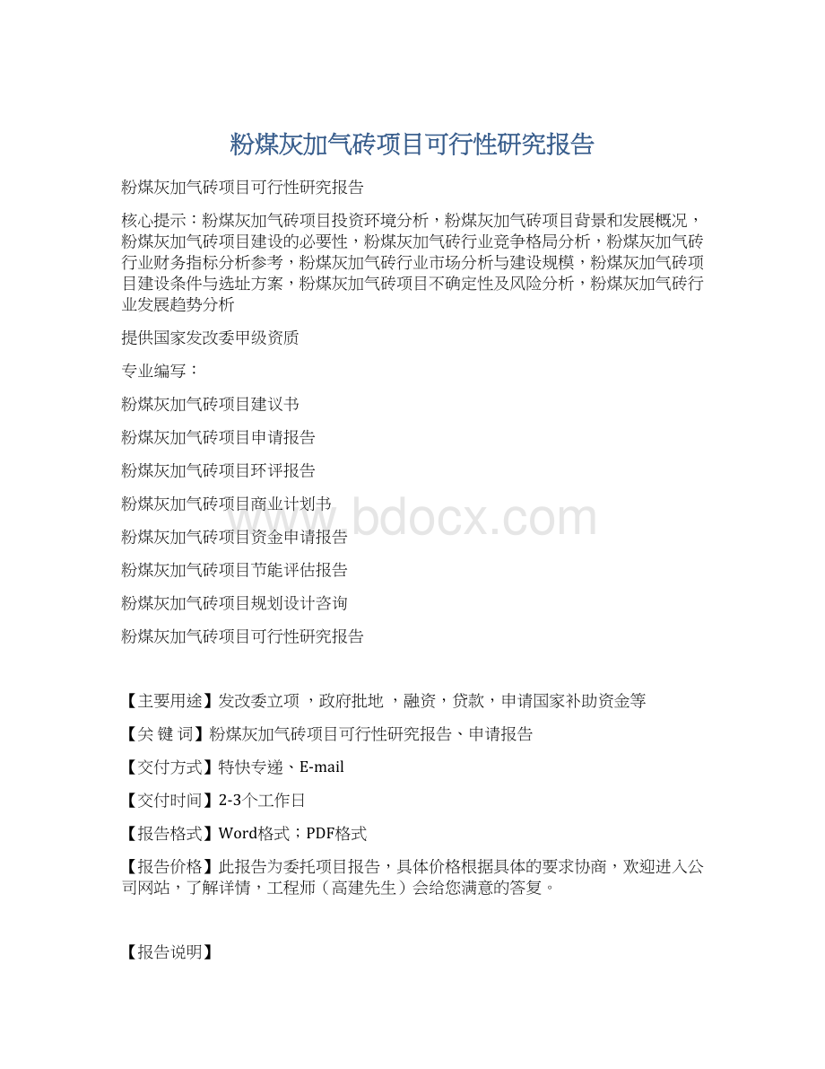 粉煤灰加气砖项目可行性研究报告.docx_第1页