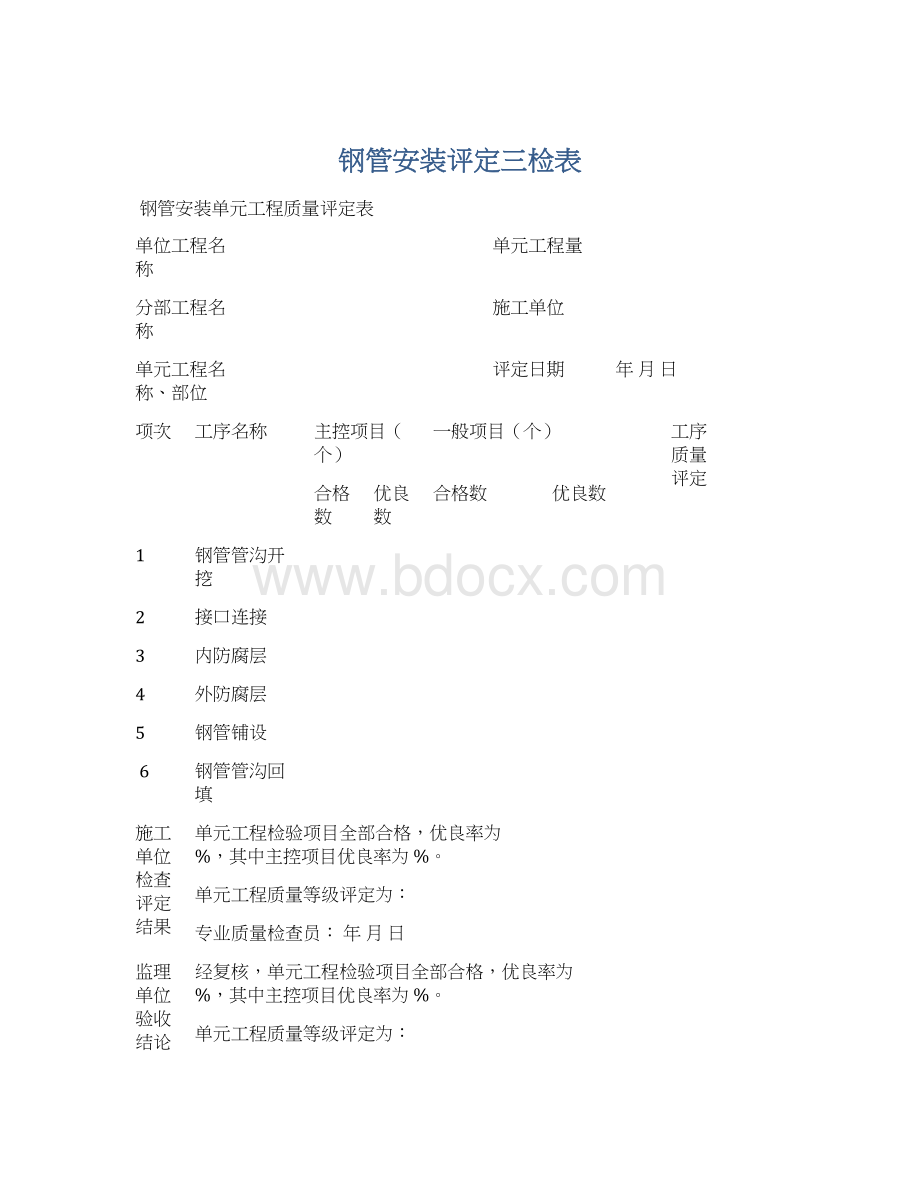 钢管安装评定三检表Word文档格式.docx_第1页