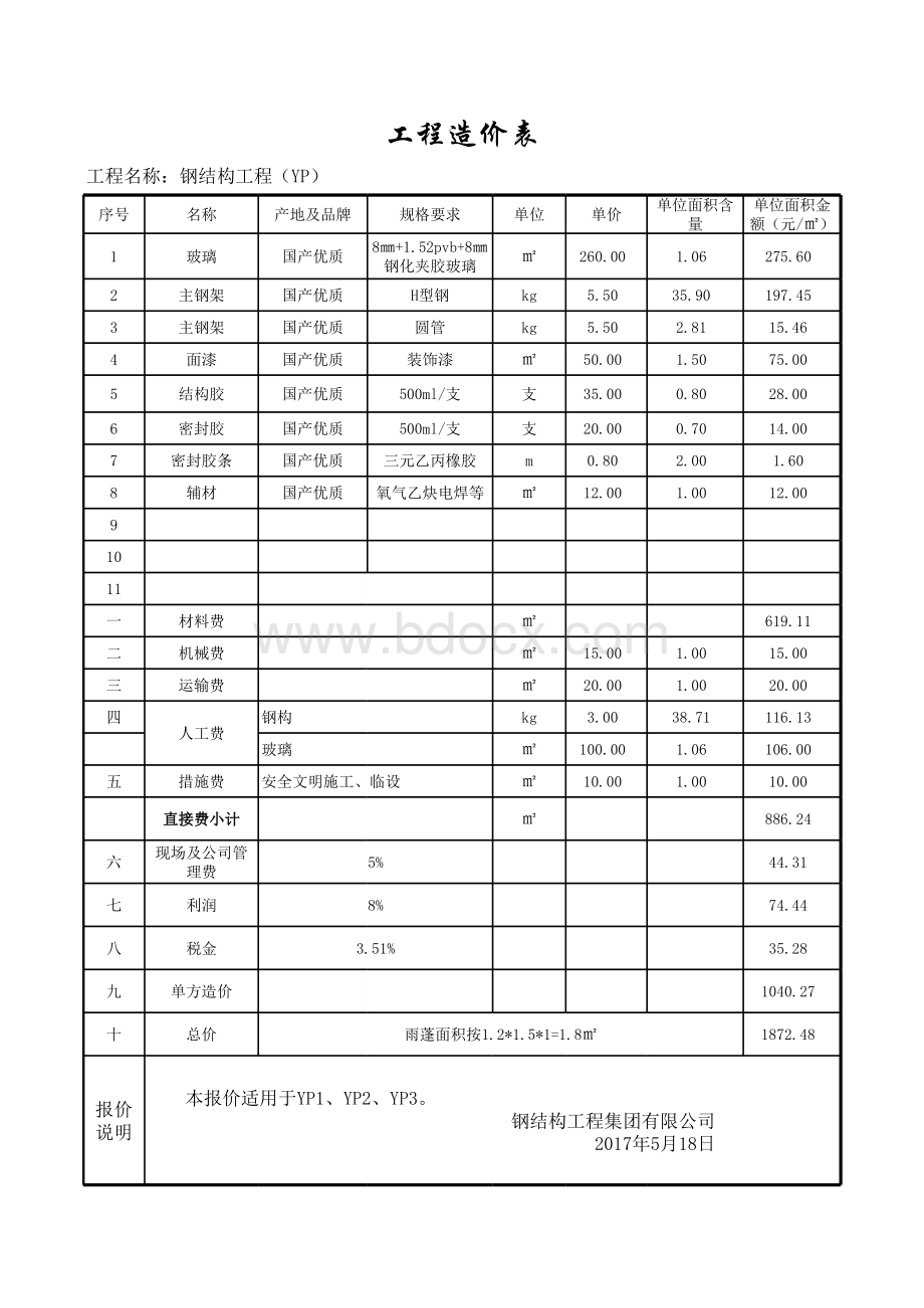 钢结构、玻璃报价含综合单价分析表表格文件下载.xls_第3页