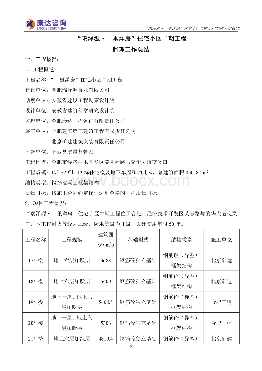 瑞泽源一里洋房二期工程监理工作总结(向业主方).doc_第2页