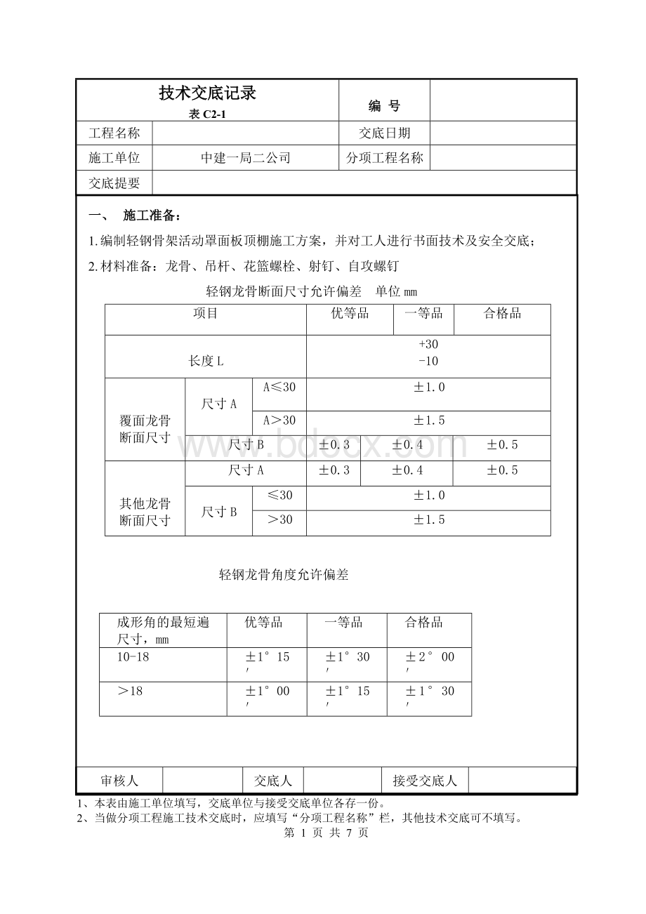 轻钢龙骨石膏板吊顶技术交底.doc_第1页