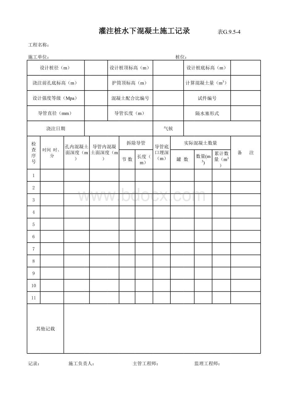 灌注桩水下混凝土施工记录.xls_第1页