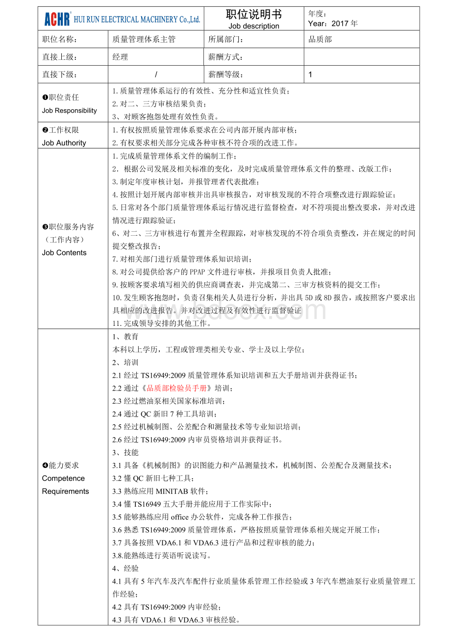 质量体系主管岗位说明书Word格式.doc