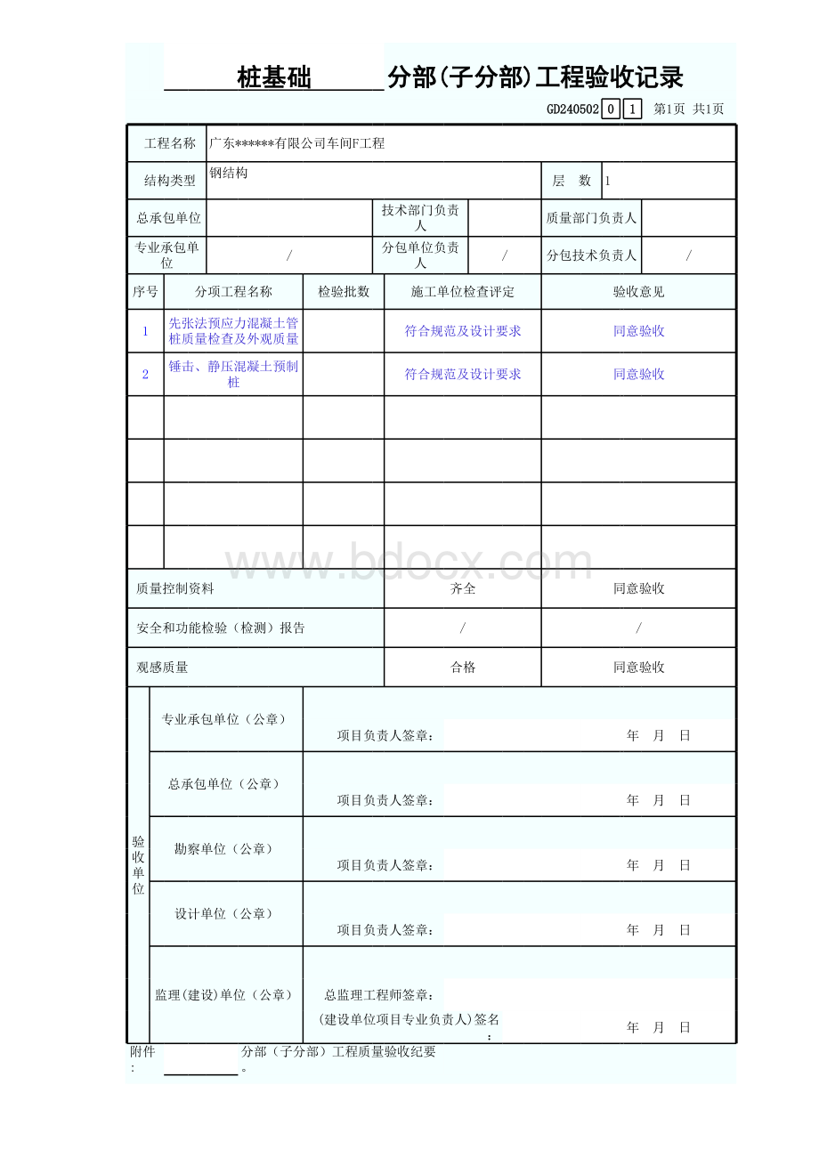 桩基础分部(子分部)工程验收记录表格文件下载.xls_第1页