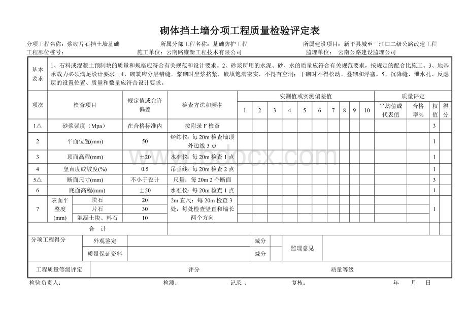 砌体挡土墙分项工程质量检验评定表.docx