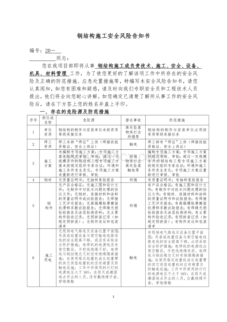 钢结构施工安全风险告知书.doc_第1页