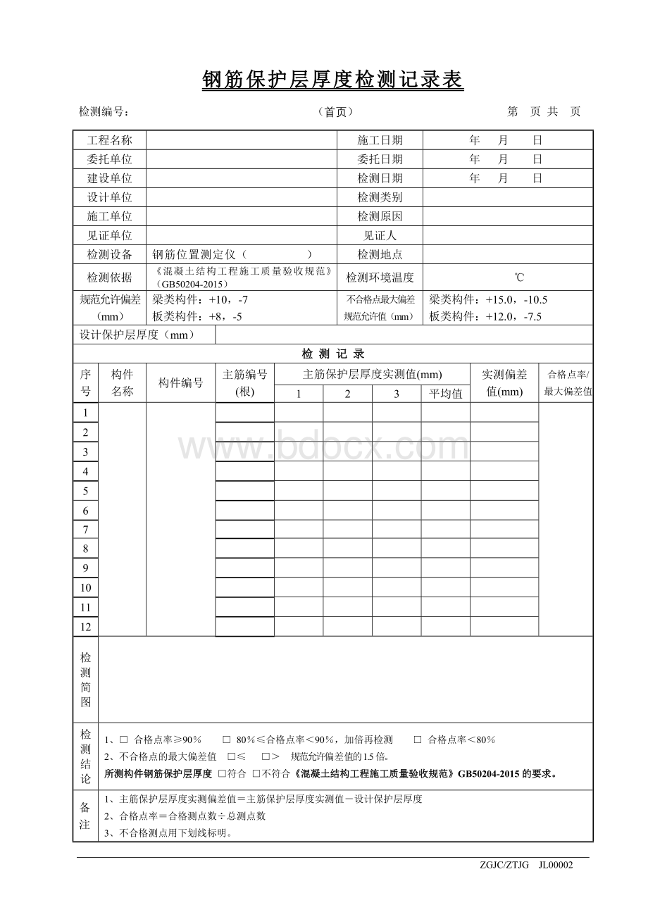 钢筋保护层厚度检测原始记录表(按GB50204-2015编).doc