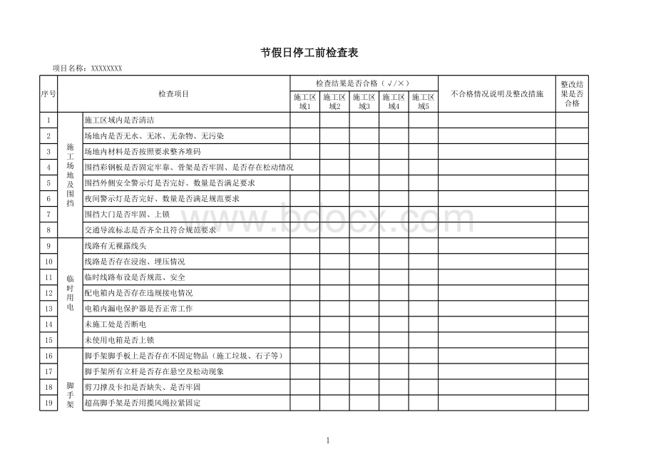 节假日春节停工前检查表.xlsx_第1页