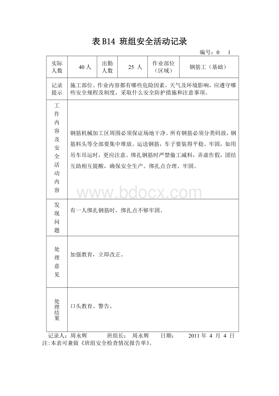 钢筋工班组安全活动记录.doc