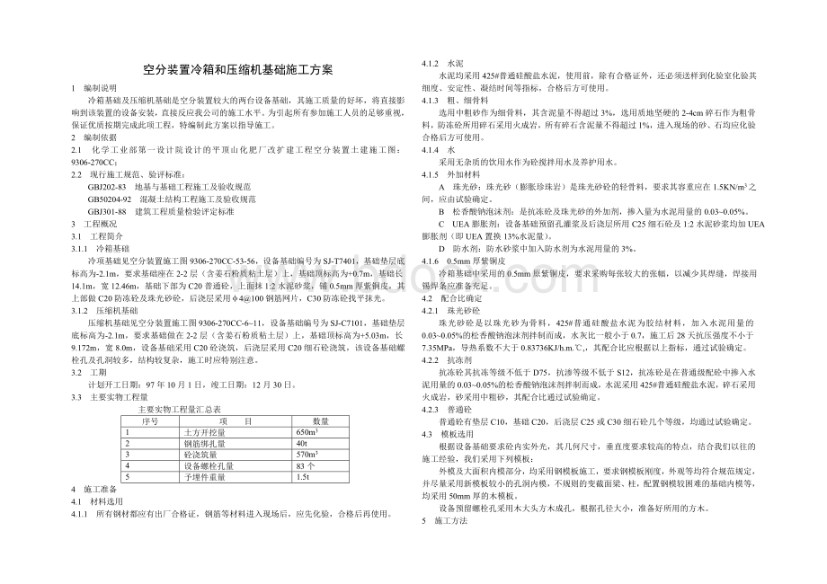 空分装置冷箱和压缩机基础施工方案.doc