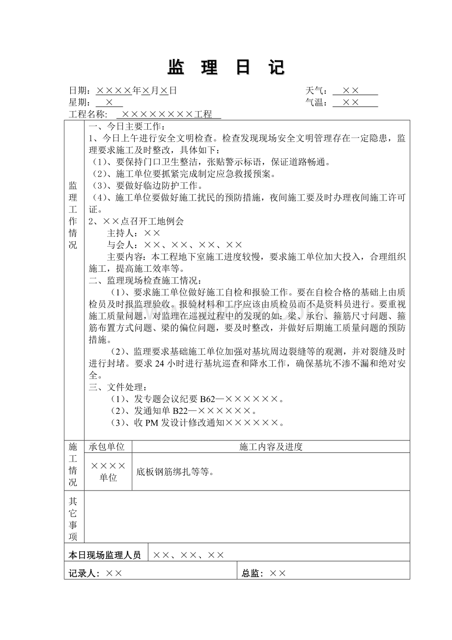 监理日记、平行检查记录、旁站记录样本文档格式.doc