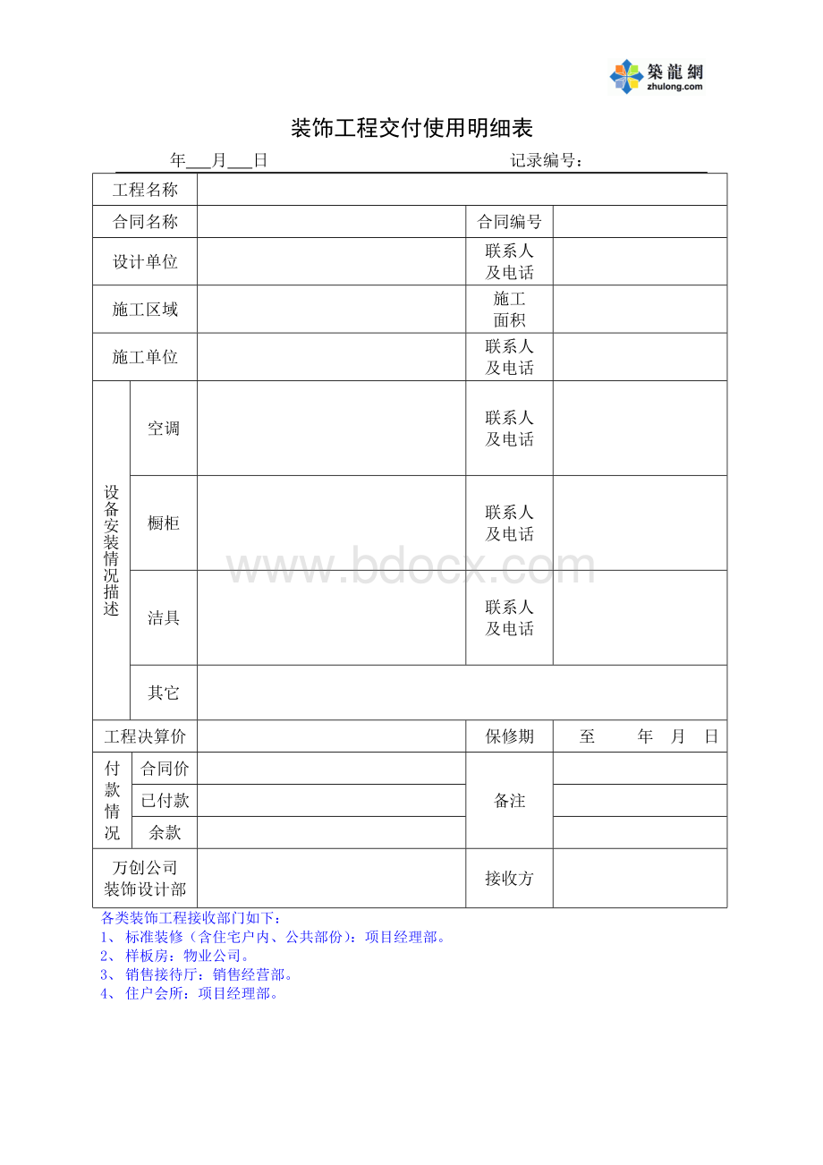 装饰工程交付使用明细表Word文档格式.doc