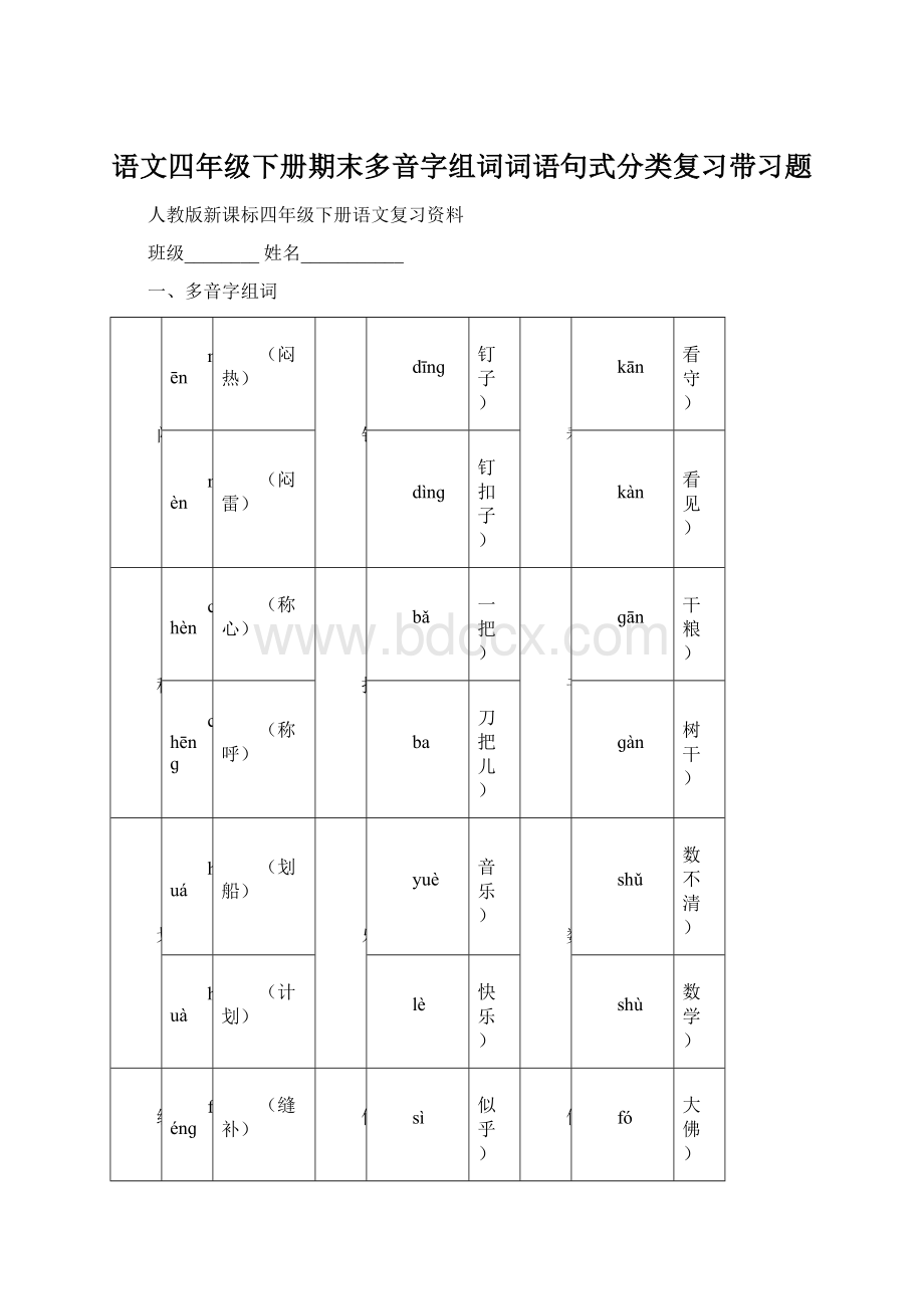 语文四年级下册期末多音字组词词语句式分类复习带习题.docx_第1页