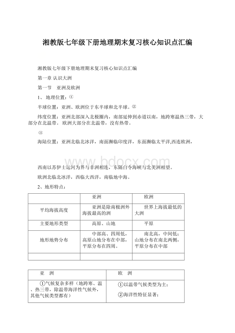 湘教版七年级下册地理期末复习核心知识点汇编.docx_第1页