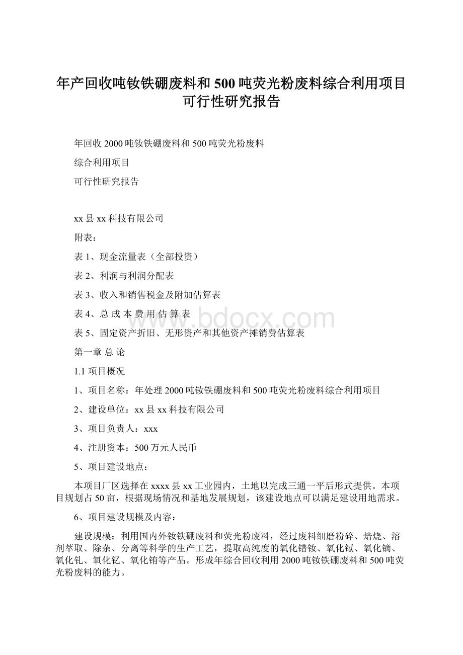 年产回收吨钕铁硼废料和500吨荧光粉废料综合利用项目可行性研究报告Word格式.docx