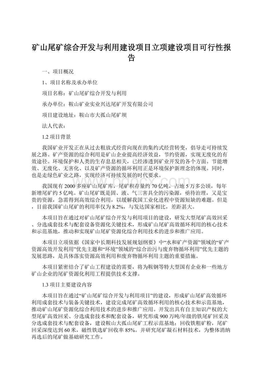 矿山尾矿综合开发与利用建设项目立项建设项目可行性报告.docx_第1页