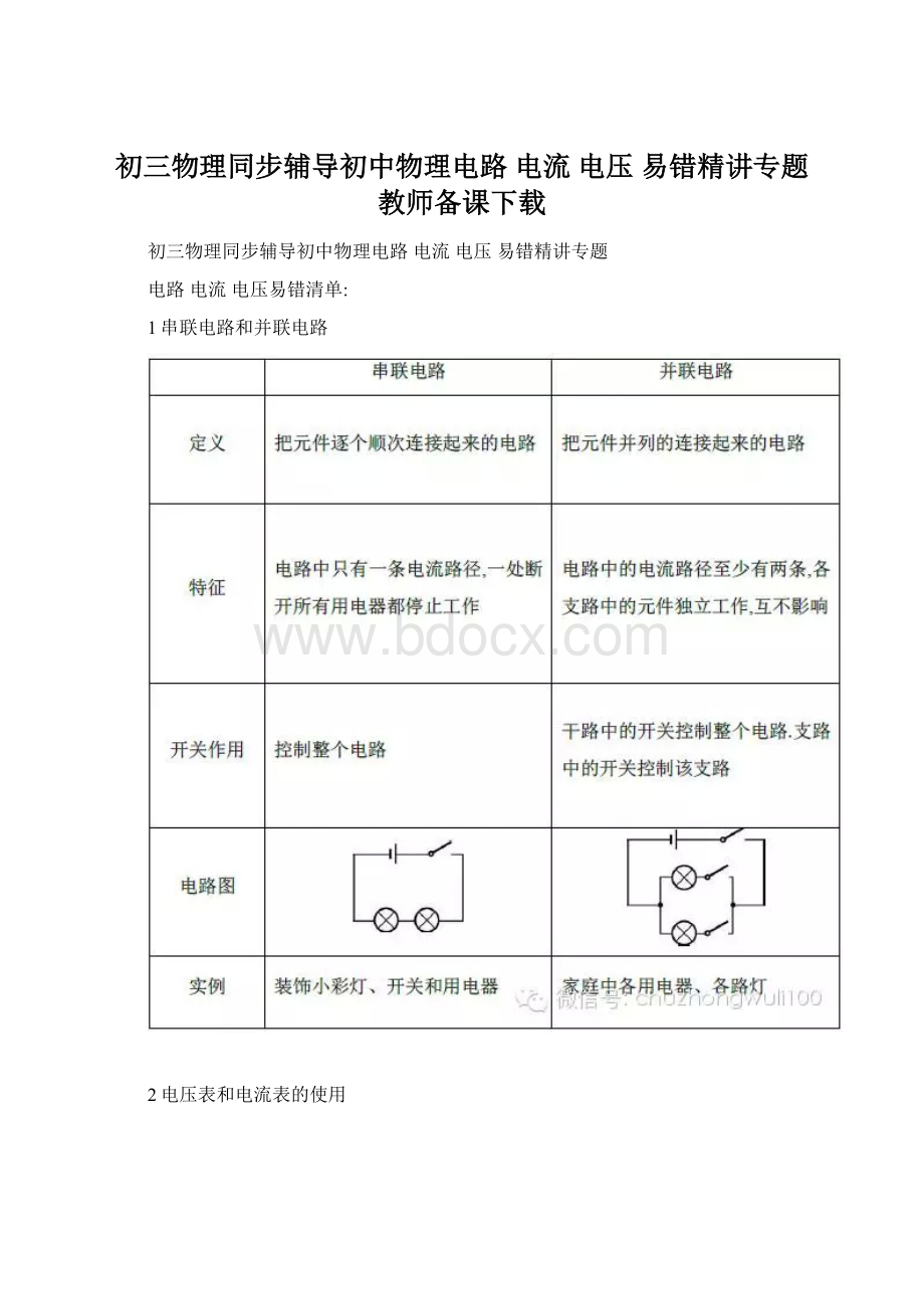 初三物理同步辅导初中物理电路 电流 电压 易错精讲专题教师备课下载Word下载.docx