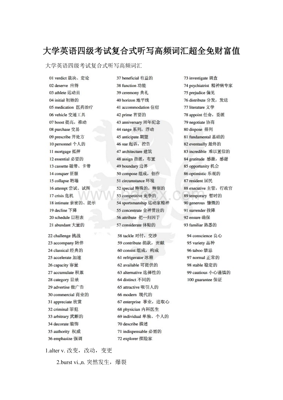 大学英语四级考试复合式听写高频词汇超全免财富值Word格式.docx