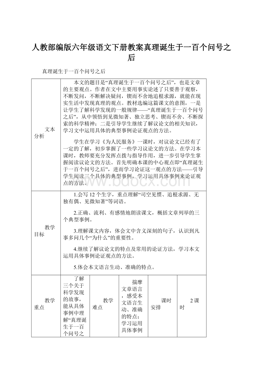 人教部编版六年级语文下册教案真理诞生于一百个问号之后Word格式.docx