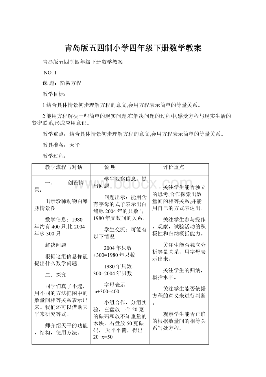 青岛版五四制小学四年级下册数学教案.docx_第1页