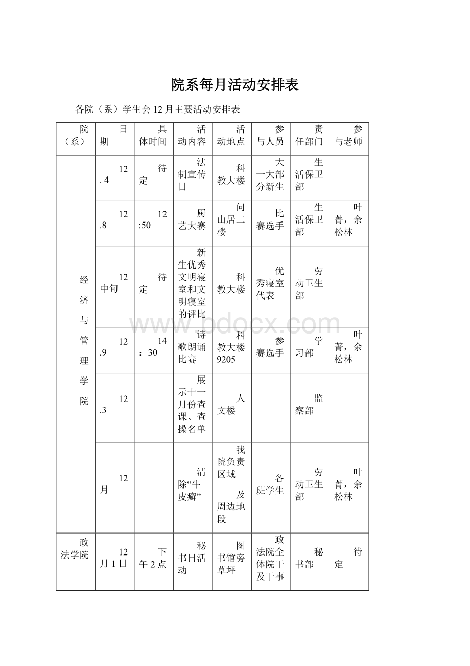 院系每月活动安排表Word格式.docx