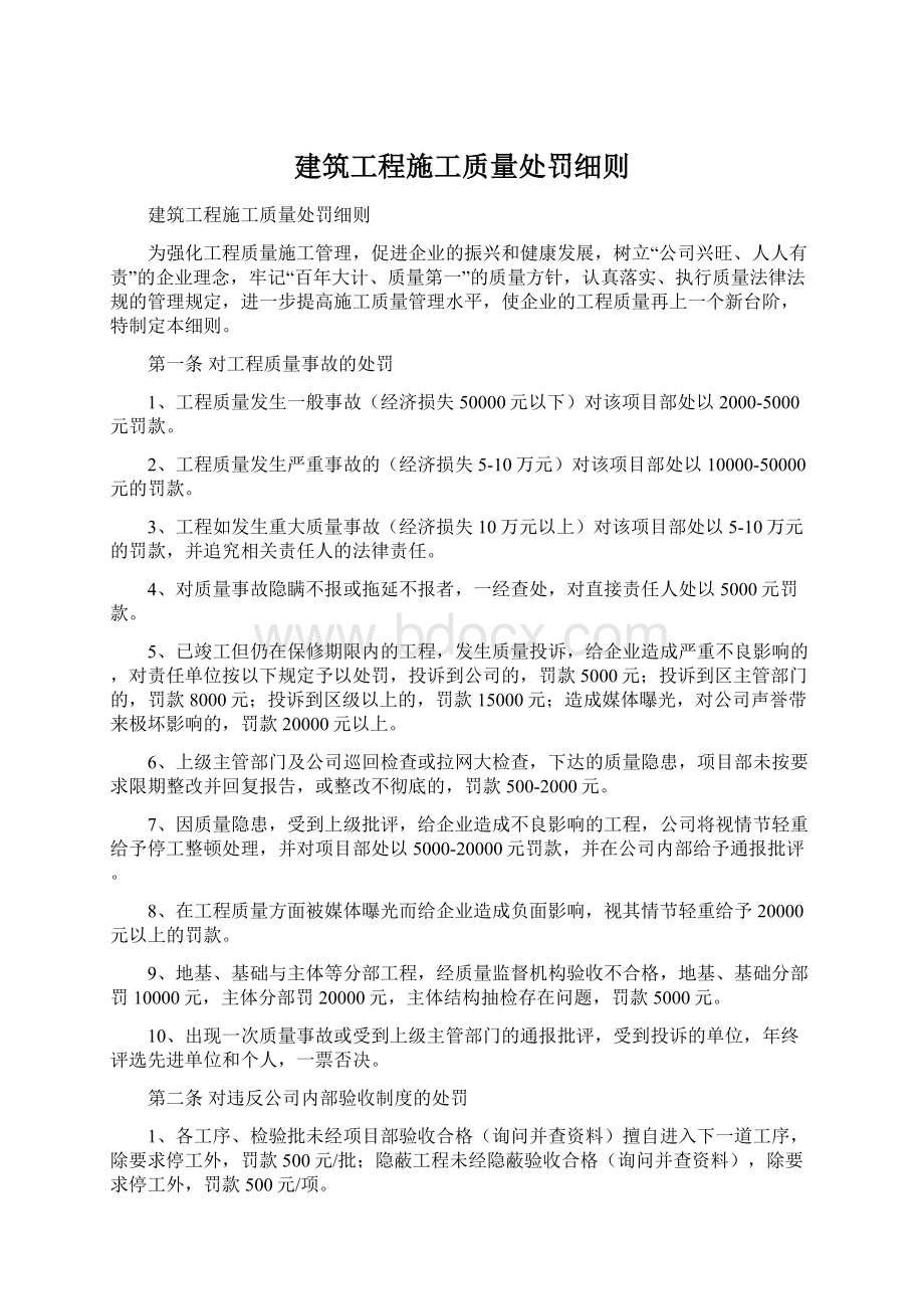 建筑工程施工质量处罚细则Word文档格式.docx