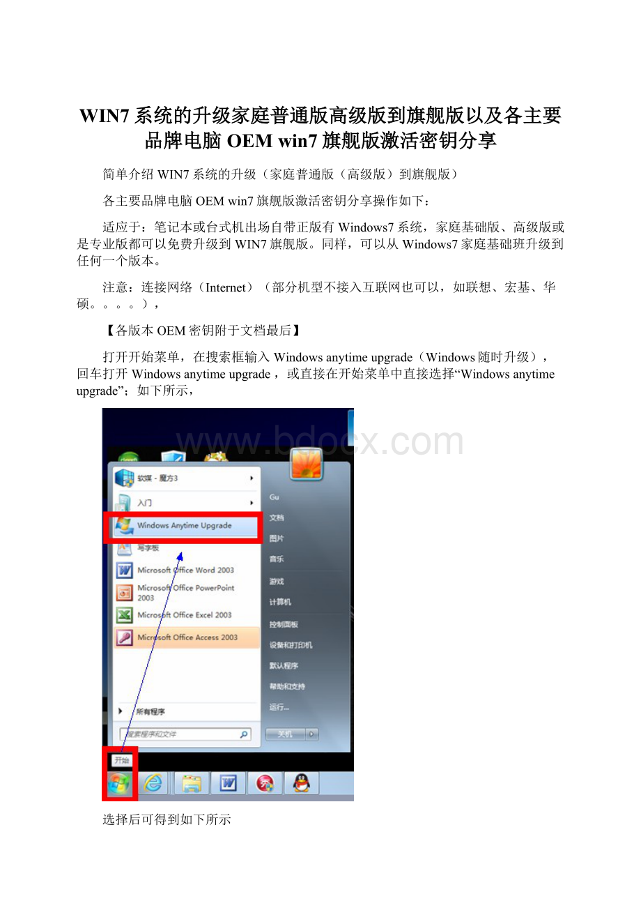 WIN7系统的升级家庭普通版高级版到旗舰版以及各主要品牌电脑OEM win7旗舰版激活密钥分享.docx