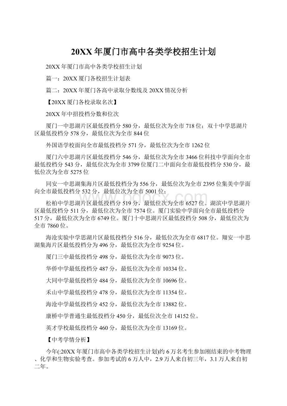 20XX年厦门市高中各类学校招生计划.docx_第1页