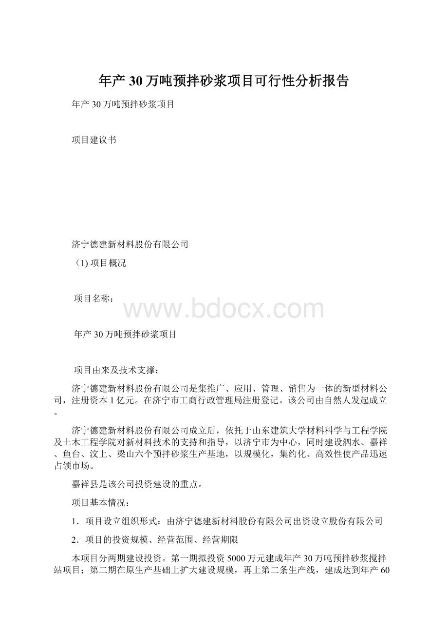 年产30万吨预拌砂浆项目可行性分析报告文档格式.docx