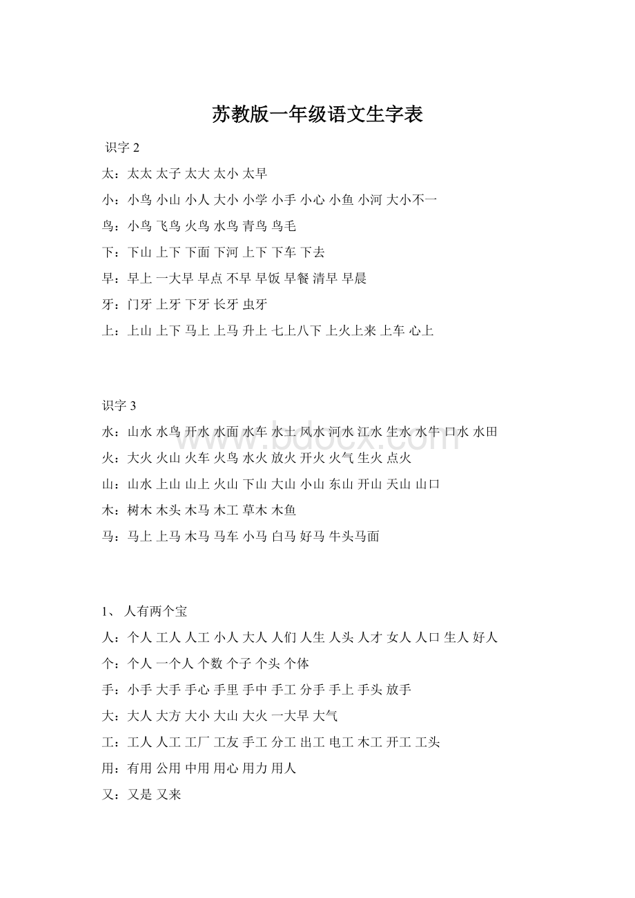 苏教版一年级语文生字表Word格式文档下载.docx_第1页