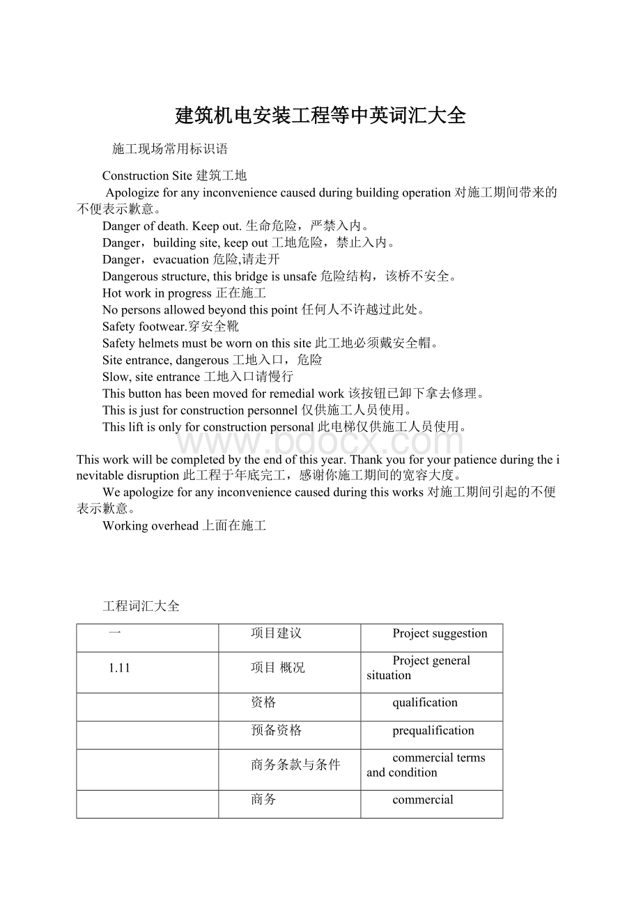 建筑机电安装工程等中英词汇大全.docx_第1页