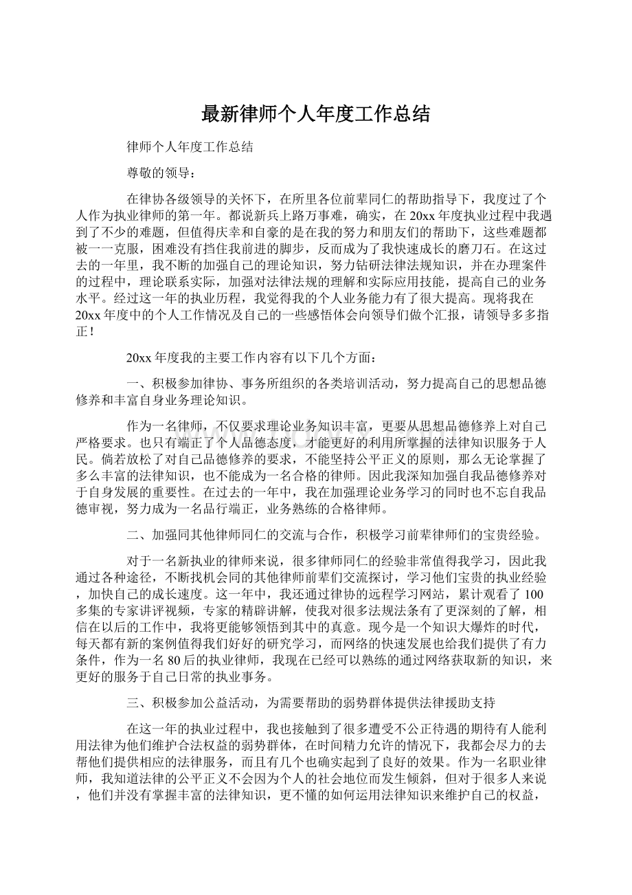 最新律师个人年度工作总结Word文档格式.docx