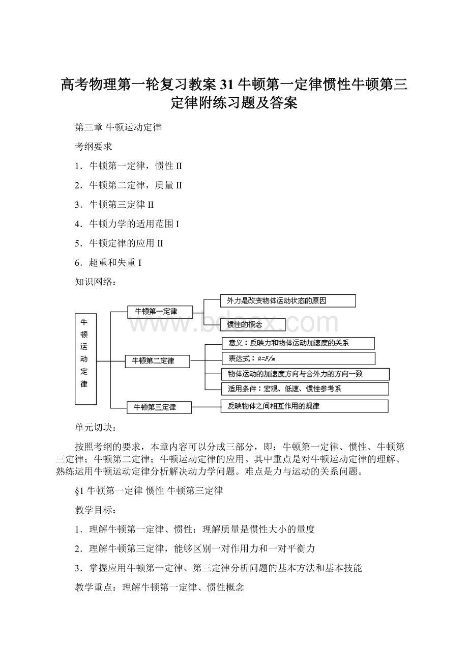 高考物理第一轮复习教案31牛顿第一定律惯性牛顿第三定律附练习题及答案.docx