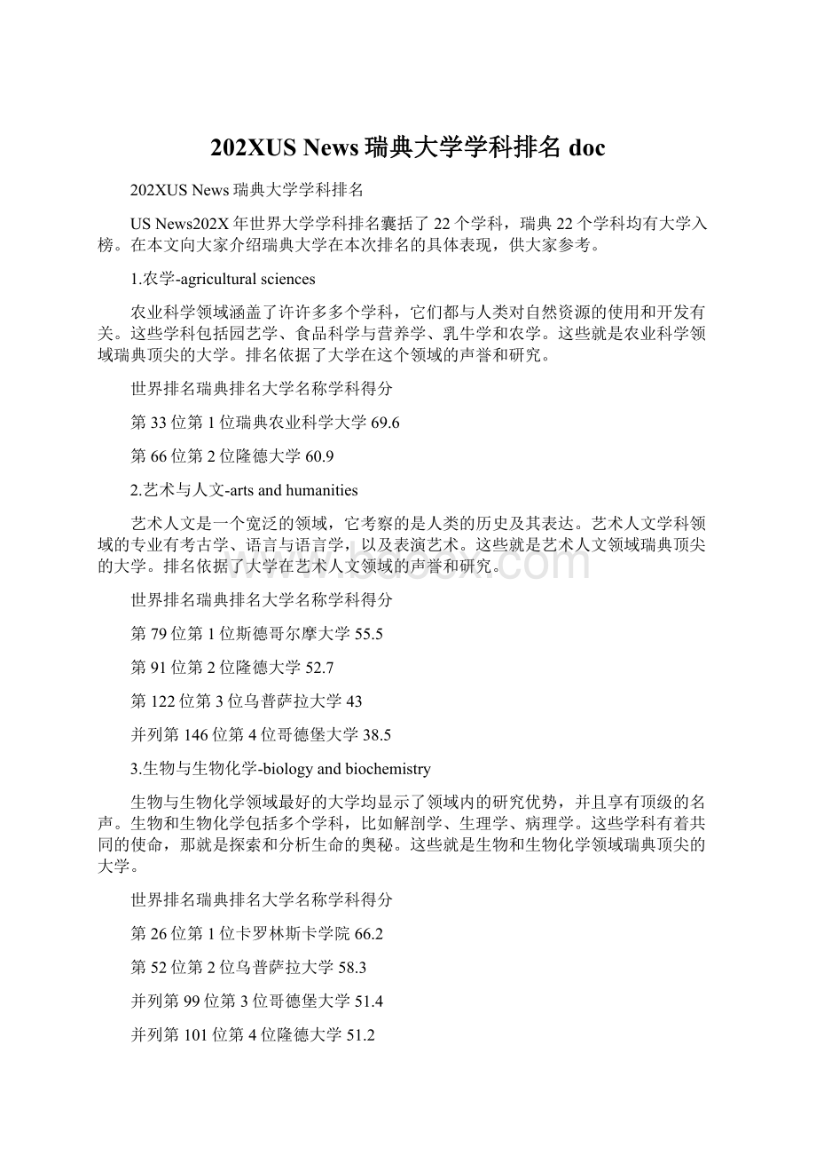 202XUS News瑞典大学学科排名doc.docx