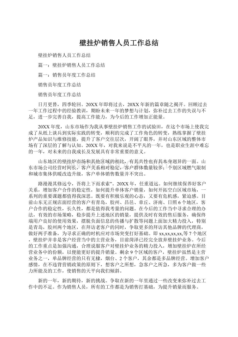 壁挂炉销售人员工作总结Word格式.docx